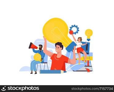 Business idea concept. Cartoon characters at business meeting, brainstorm for new solutions. Vector illustrations template teamwork brainstorming creative ideas how to startup company. Business idea concept. Cartoon characters at business meeting, brainstorm for new solutions. Vector businessman template