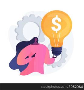Business idea generation. Girl cartoon character with light bulb symbol. Entrepreneurship, startup project, profitable. Earning money. Vector isolated concept metaphor illustration. Business idea vector concept metaphor