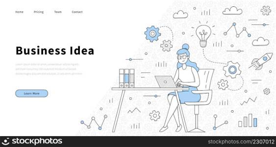 Business idea landing page in doodle style. Businesswoman working at desk with laptop in office, developer thinking on creative solutions with infographic icons around, Line art vector web banner. Business idea landing page in doodle style, banner