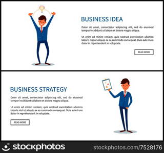 Business idea, man strategy on paper document vector. Businessman having solution to problems, director with documentation on new project details. Business Idea, Man Strategy on Paper Document