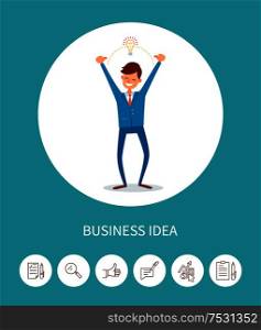 Business idea, man with electric bulb above head, lamp symbolizing eureka vector. Man with innovative thoughts, genius chief executive, director icons. Business Idea, Man with Electric Bulb Lamp Eureka