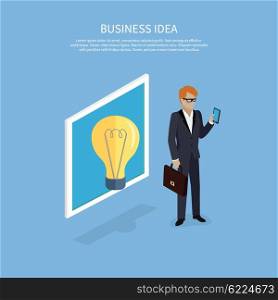 Business idea, man with smartphone design flat. Idea for business, business concept, innovation and business success, entrepreneur with smartphone, person business idea, lightbulb idea illustration