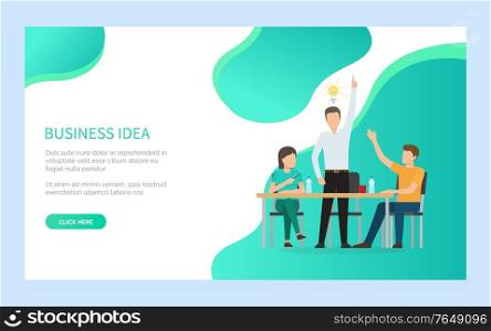 Business idea online, man creating idea, teamwork of man and woman on workplace, people sitting at table with bottles, process and creative vector. Website or webpage template, landing page flat style. Man and Woman Creating Business Ideas Web Vector