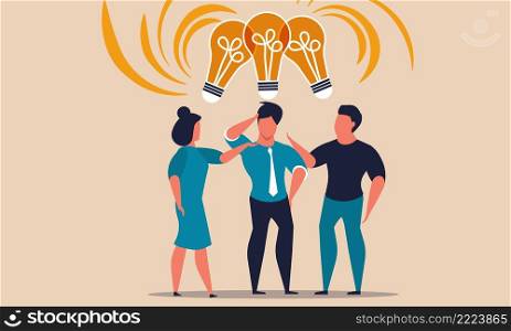 Business idea share and people team knowledge innovation. Collaboration and lightbulb solution vector illustration concept. Teamwork strategy with brainstorm bright or group l&light vision together