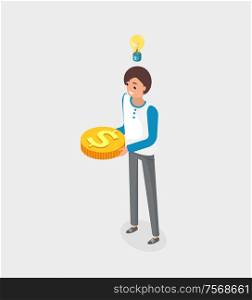 Business idea solution vector, woman with gold dollar coin isolated. Businesslady with financial decision for work, money investment of lady, lightbulb. Businesswoman with Golden Coin, Idea Light Bulb