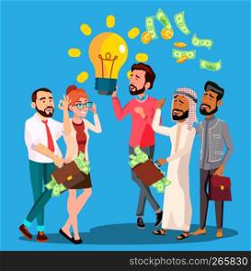 Business Idea Vector. A Man Holding Light Bulb In Hands. Queue Of Multinational Businessmen With Money Bags, Bunch Cash In Hands. Illustration. Business Idea Vector. A Man Holding Light Bulb In Hands. Queue Of Multinational Businessmen With Money Bags And Bunch Cash In Hands. Illustration