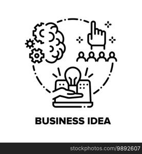 Business Idea Vector Icon Concept. Businessman Idea Thinking, Project Imagination And Organisation, Recruitment Workers And Human Resources, Team Briefing And Brainstorming Black Illustration. Business Idea Vector Concept Black Illustration
