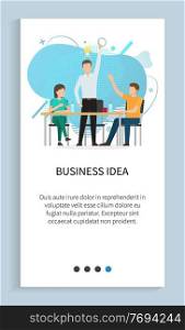 Business idea vector, innovation in company, solution for problem, man with lightbulb creating new concepts, teamwork happy employees by table. Website or app slider template, landing page flat style. Business Idea, Leader with Lightbulb Website Text