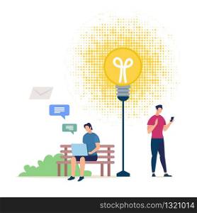 Business Ideas Sharing Flat Vector Concept. Man Sitting on Bench in Park, Working on Laptop Outdoor, Guy with Cellphone in Hand Chatting Online, Messaging, Communicating in Social Network Illustration