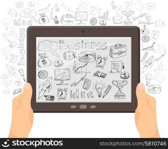 Business ideas sharing with mobile technology concept black icons outlined composition with foreground tablet abstract vector illustration. Business mobile technology concept banner