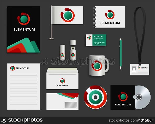 Business identity. Branding realistic vector mockup folder envelope cover for cd blank business cards check boxes usb pen. Illustration of corporate office stationary, brand envelope and flag. Business identity. Branding realistic vector mockup folder envelope cover for cd blank business cards check boxes usb pen