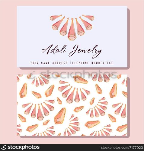 Business Identity, business card template, front side with logo - pink diamonds, crystal or gems, text - company name. back side with pattern with precious stones. Ready to print, vector. New Crystals Set