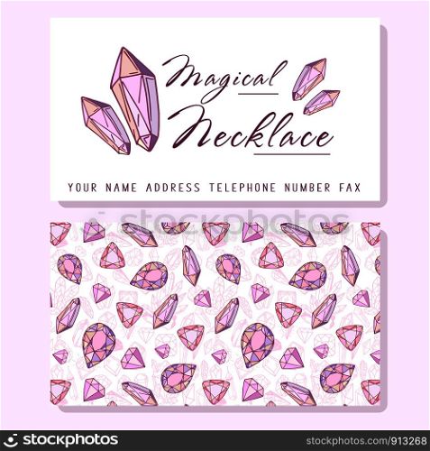 Business Identity, business card template, front side with logo - pink diamonds, crystal or gems, text - company name. back side with pattern with precious stones. Ready to print, vector. New Crystals Set