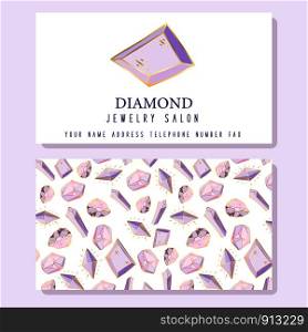 Business Identity, business card template, front side with logo - violet diamond, crystal or gems, text - company name. back side with pattern with precious stones. Ready to print, vector. New Crystals Set