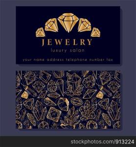 Business Identity - business card template with front side with logo - golden diamond, crystal, text on dark blue, and back side with pattern with precious stones. Ready to print, vector. New Crystals Set