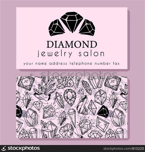 Business Identity - business card template with front side with logo - black diamond, crystal, text on light pink, and back side with pattern with precious stones. Ready to print, vector. New Crystals Set