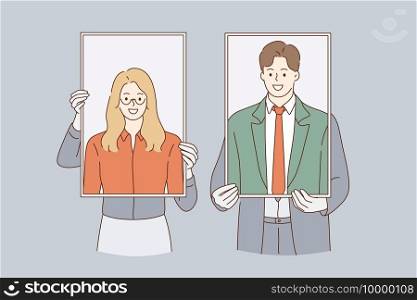 Business identity, self portraits concept. Woman and man business people cartoon characters standing and holding self portraits with smiles in hands together illustration . Business identity, self portraits concept