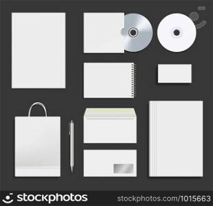 Business identity stationary. Office branding mockup corporate envelope folder set business card pen paper cd package vector realistic. Illustration of office stationary pen, stationery envelope. Business identity stationary. Office branding mockup corporate envelope folder set business card pen paper cd package vector realistic