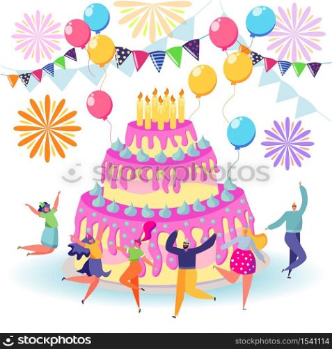 business illustration, little people celebrate corporate at work standing near a big cake, organize solemn events, catering agency, marketing agency.. business illustration, little people celebrate corporate at work standing near a big cake, organize solemn events, catering agency