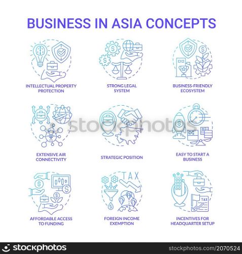 Business in Asia blue gradient concept icons set. Foreign income exemption idea thin line color illustrations. Strategic position. Isolated outline drawings. Roboto-Medium, Myriad Pro-Bold fonts used. Business in Asia blue gradient concept icons set