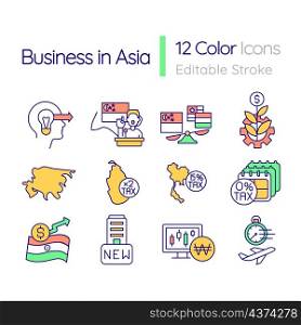 Business in Asia RGB color icons set. Lowering tax rates. Set up company in Singapore. Isolated vector illustrations. Simple filled line drawings collection. Editable stroke. Quicksand-Light font used. Business in Asia RGB color icons set