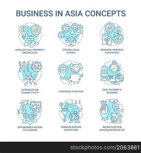 Business in Asia turquoise concept icons set. Affordable access to funding idea thin line color illustrations. Isolated outline drawings. Editable stroke. Roboto-Medium, Myriad Pro-Bold fonts used. Business in Asia turquoise concept icons set