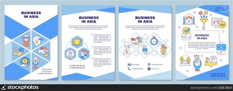 Business in asian countries blue brochure template. Booklet print design with linear icons. Vector layouts for presentation, annual reports, ads. Arial-Black, Myriad Pro-Regular fonts used. Business in asian countries blue brochure template