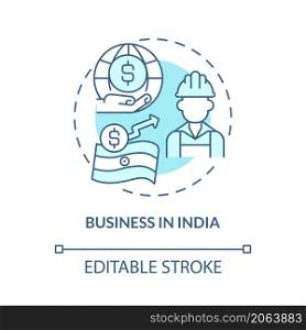 Business in India turquoise concept icon. Skilled workforce abstract idea thin line illustration. Stable economy. Isolated outline drawing. Editable stroke. Roboto-Medium, Myriad Pro-Bold fonts used. Business in India turquoise concept icon