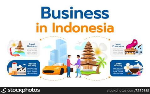 Business in Indonesia flat infographic vector template. Industrial segments illustration. Travel, tobacco, coffee industry. Meat processing. Poster, booklet graphic element with cartoon characters. Business in Indonesia flat infographic vector template