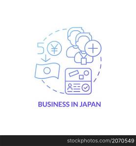 Business in Japan blue gradient concept icon. Attracting foreign investment abstract idea thin line illustration. Skilled workforce. Isolated outline drawing. Roboto-Medium, Myriad Pro-Bold fonts used. Business in Japan blue gradient concept icon