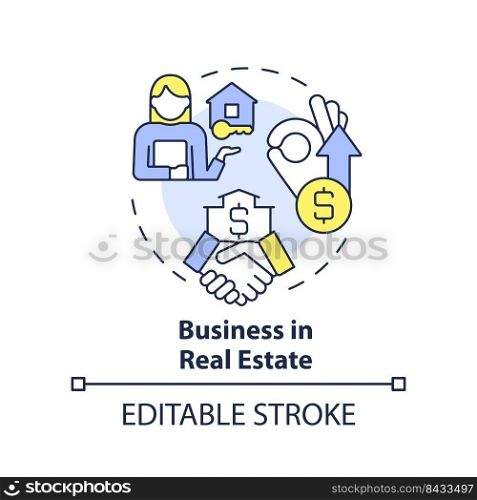 Business in real estate concept icon. Property selling. Future business trend abstract idea thin line illustration. Isolated outline drawing. Editable stroke. Arial, Myriad Pro-Bold fonts used . Business in real estate concept icon