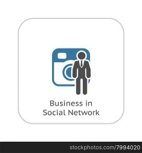 Business in Social Network Icon with Man and Photo Camera. Isolated Illustration. . Business in Social Network Icon. Flat Design.