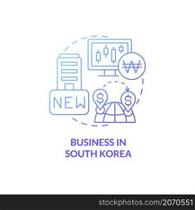 Business in South Korea blue gradient concept icon. Relocation companies abstract idea thin line illustration. Country for business. Isolated outline drawing. Roboto-Medium, Myriad Pro-Bold fonts used. Business in South Korea blue gradient concept icon