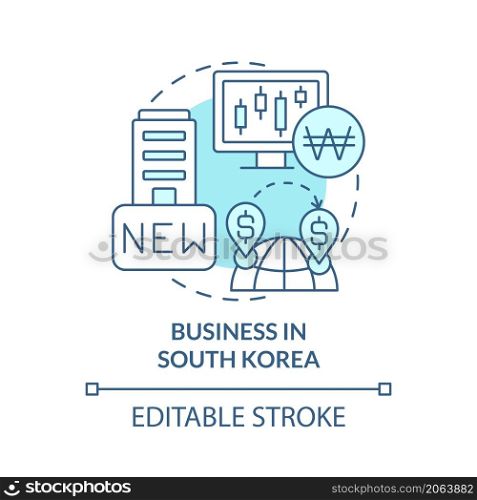 Business in South Korea turquoise concept icon. Rapid economic growth abstract idea thin line illustration. Isolated outline drawing. Editable stroke. Roboto-Medium, Myriad Pro-Bold fonts used. Business in South Korea turquoise concept icon