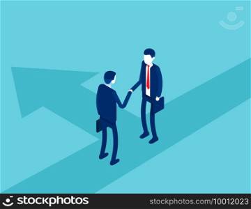 Business in suits shake hands. Business agreement and contract concept. Isometric vector cartoon style design