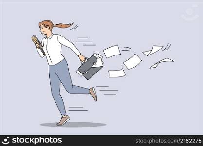 Business inattention and carelessness concept. Young smiling businesswoman worker running hurrying with case and losing papers on wind vector illustration . Business inattention and carelessness concept.