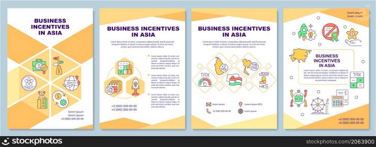 Business incentives in Asia orange brochure template. Booklet print design with linear icons. Vector layouts for presentation, annual reports, ads. Arial-Black, Myriad Pro-Regular fonts used. Business incentives in Asia orange brochure template