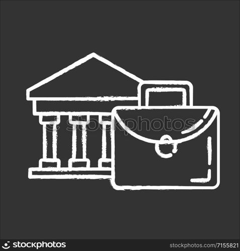 Business industry chalk icon. Credit bureau. Black briefcase and bank building. Economist, finances worker case. Professional attributes. Corporate building. Isolated vector chalkboard illustration