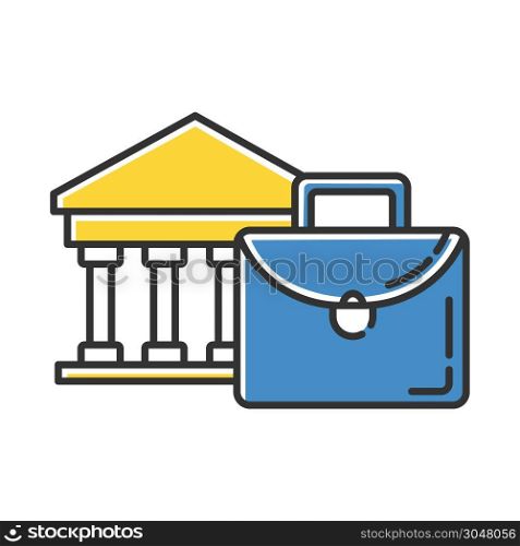 Business industry color icon. Credit bureau. Black briefcase and bank building. Economist, finances worker case. Professional attributes. Corporate building. Isolated vector illustration