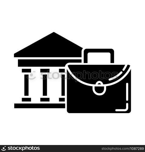 Business industry glyph icon. Credit bureau. Black briefcase and bank building. Economist, finances worker. Professional attributes. Silhouette symbol. Negative space. Vector isolated illustration