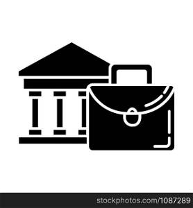 Business industry glyph icon. Credit bureau. Black briefcase and bank building. Economist, finances worker. Professional attributes. Silhouette symbol. Negative space. Vector isolated illustration