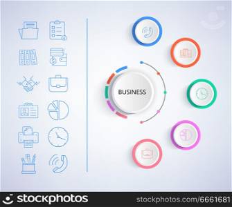 Business infographic and icons of printer and clock, briefcase and documents, identity card with photo, placed around title vector illustration. Business Infographic and Icons Vector Illustration