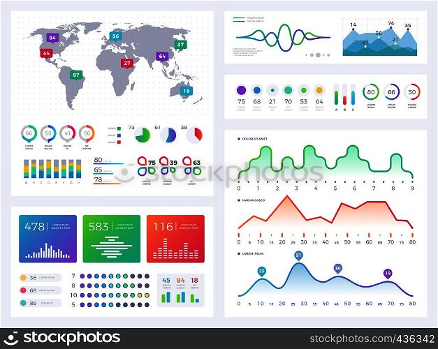 Business infographic elements, flowing graphics, stock market reports and workflow charts vector set. Infographic chart business, report financial market illustration. Business infographic elements, flowing graphics, stock market reports and workflow charts vector set