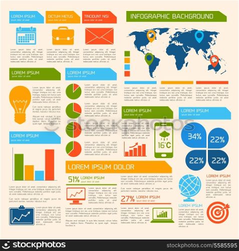 Business infographic elements set with world map charts and office work items vector illustration