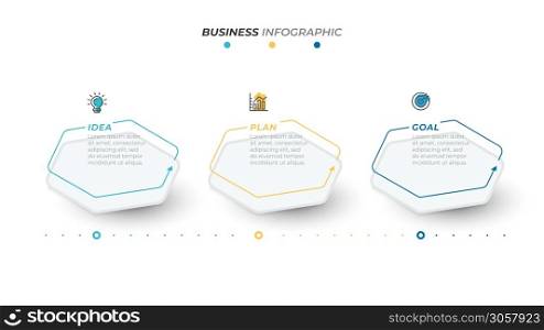 Business Infographic modern hexagon layout design label with 3 marketing icons, options, steps or processes. Vector illustration.