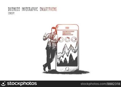 Business infographic smartphone concept. Hand drawn smartphone screen with schedule. Businessman makes a report on a smartphone isolated vector illustration.. Business infographic smartphone concept. Hand drawn isolated vector.