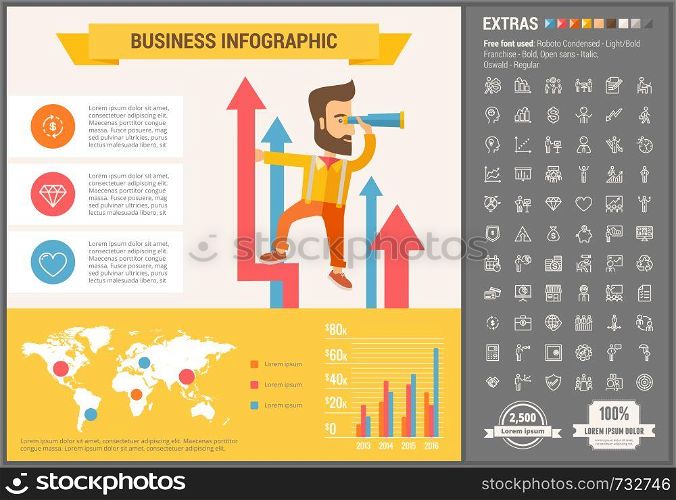 Business infographic template and elements. The template includes illustrations of hipster men and huge awesome set of thin line icons. Modern minimalistic flat vector design.. Business flat design Infographic Template