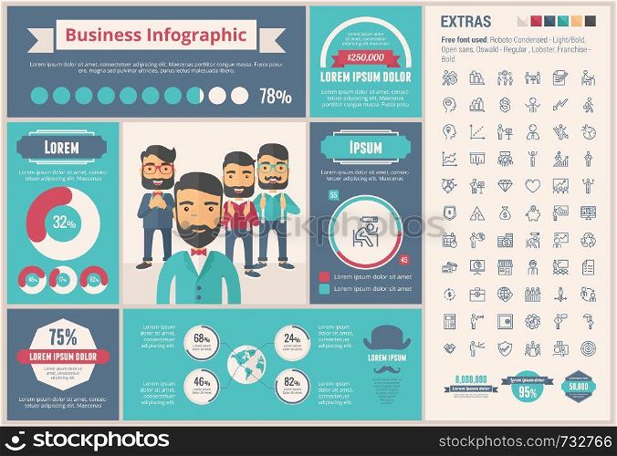 Business infographic template and elements. The template includes illustrations of hipster men and huge awesome set of thin line icons. Modern minimalistic flat vector design.. Business flat design Infographic Template
