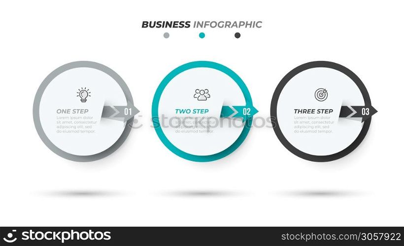 Business Infographic template design label with marketing icons and 3 number options or steps. Vector element with arrows. Can be used for workflow layout, info chart, presentation.