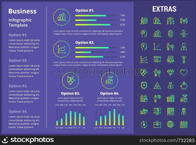 Business infographic template, elements and icons. Infograph includes customizable graphs, four options, line icon set with business worker, successful businessman, corporate leader, conference etc.. Business infographic template and elements.